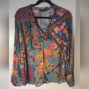 Tolani Collection Multi Floral Tunic Top Shirt Blouse Women Ruffle 100%Modal 561
